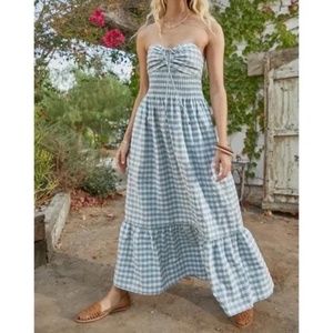 Hunter Bell "Lindley" Strapless Smocked Bodice Flounce Hem Gingham Check Maxi L